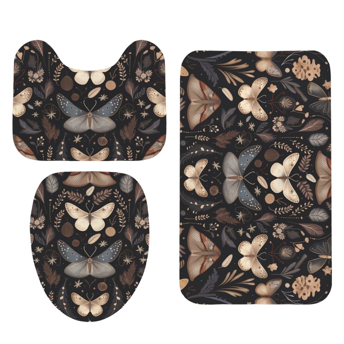 Moth Butterfly Bathroom Rug Set, Dark Cottagecore Toilet Cover, Gothic Nature Bath Decor
