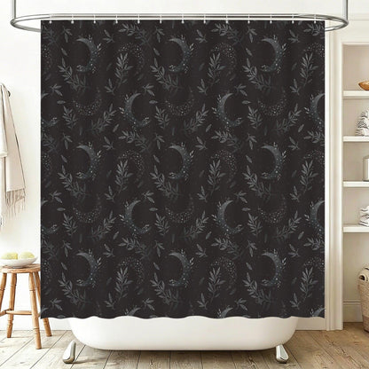 Celestial Shower Curtain, Crescent Moon Botanical Print, Dark Boho Bathroom Decor