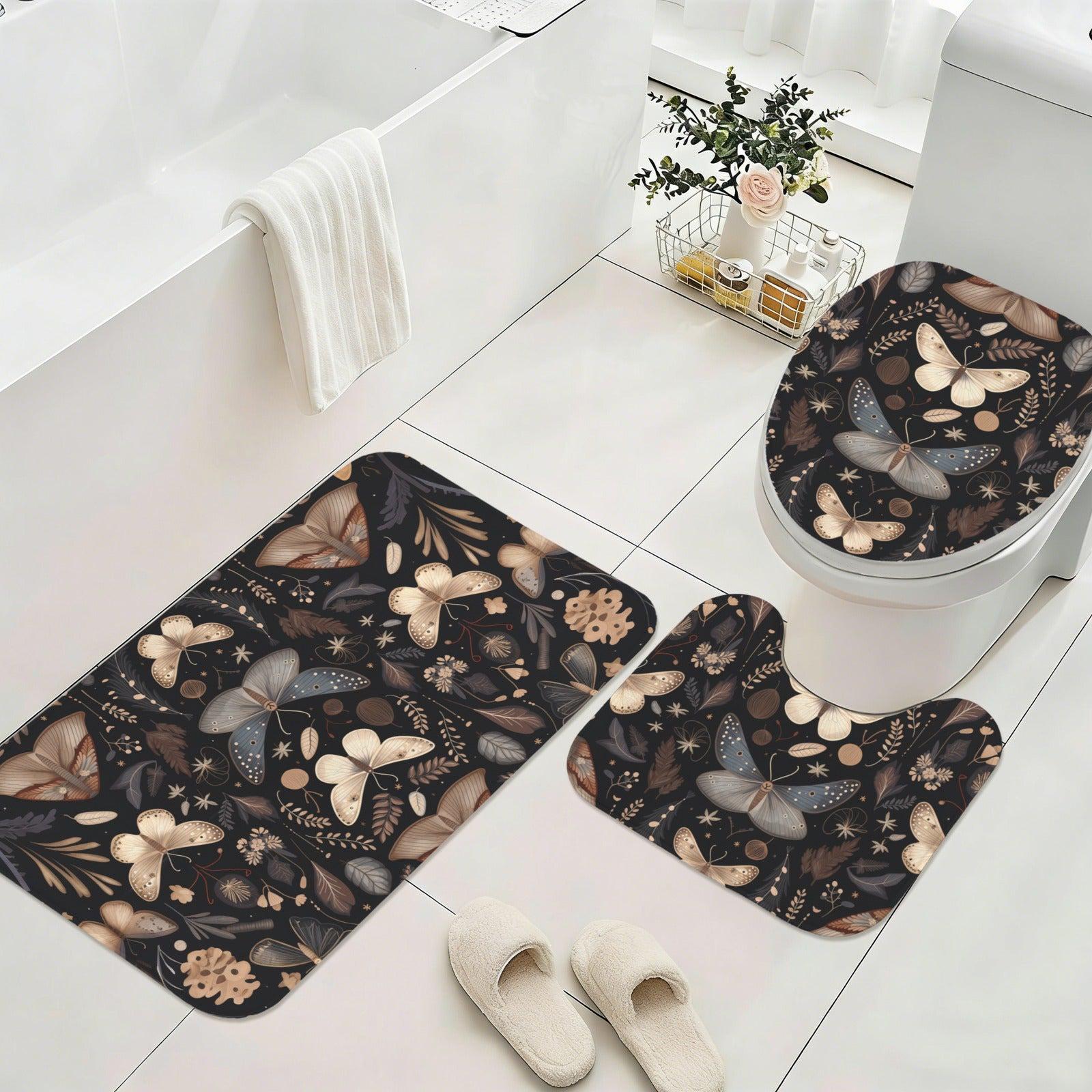 Moth Butterfly Bathroom Rug Set, Dark Cottagecore Toilet Cover, Gothic Nature Bath Decor