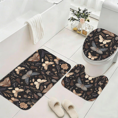 Moth Butterfly Bathroom Rug Set, Dark Cottagecore Toilet Cover, Gothic Nature Bath Decor