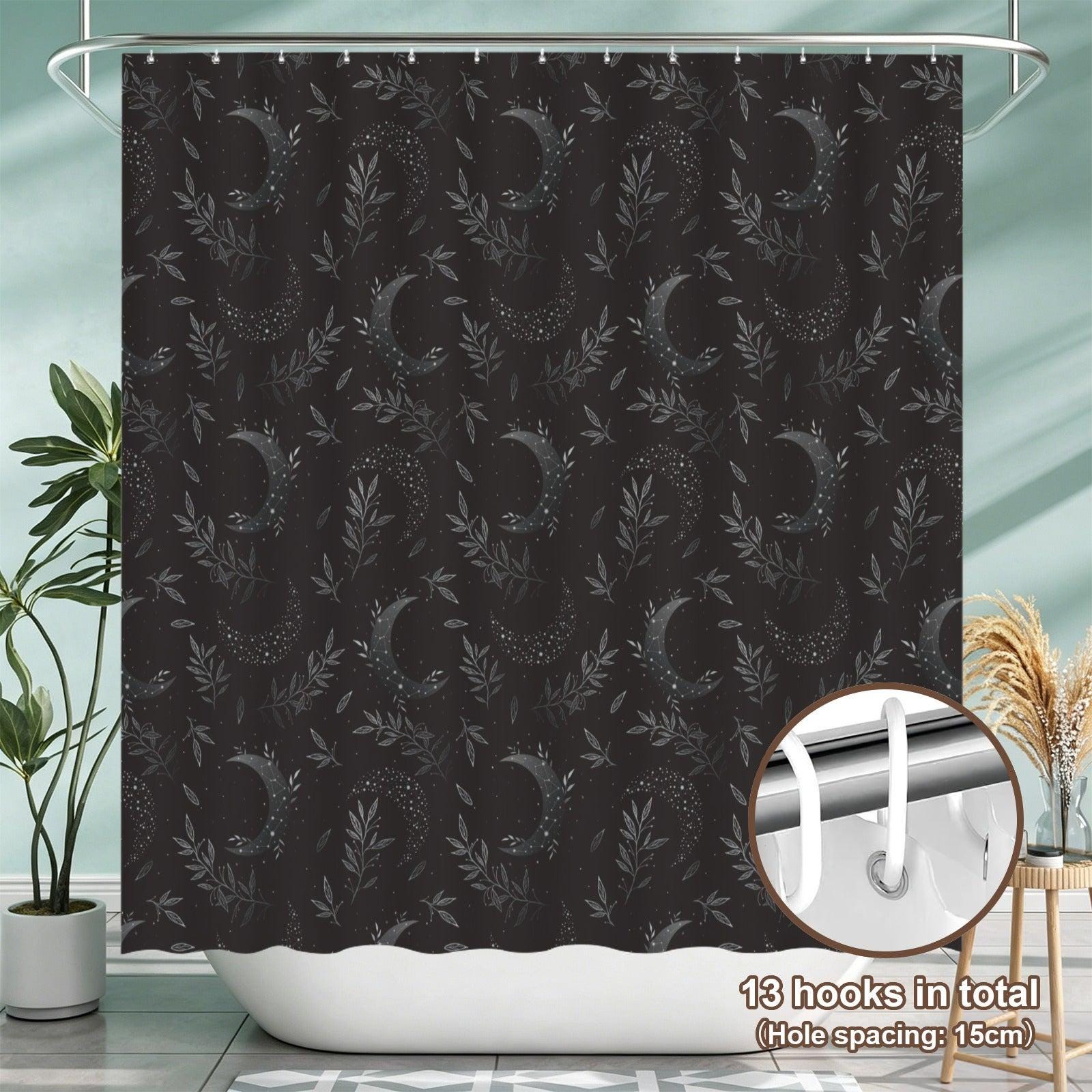 Celestial Shower Curtain, Crescent Moon Botanical Print, Dark Boho Bathroom Decor