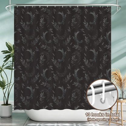 Celestial Shower Curtain, Crescent Moon Botanical Print, Dark Boho Bathroom Decor