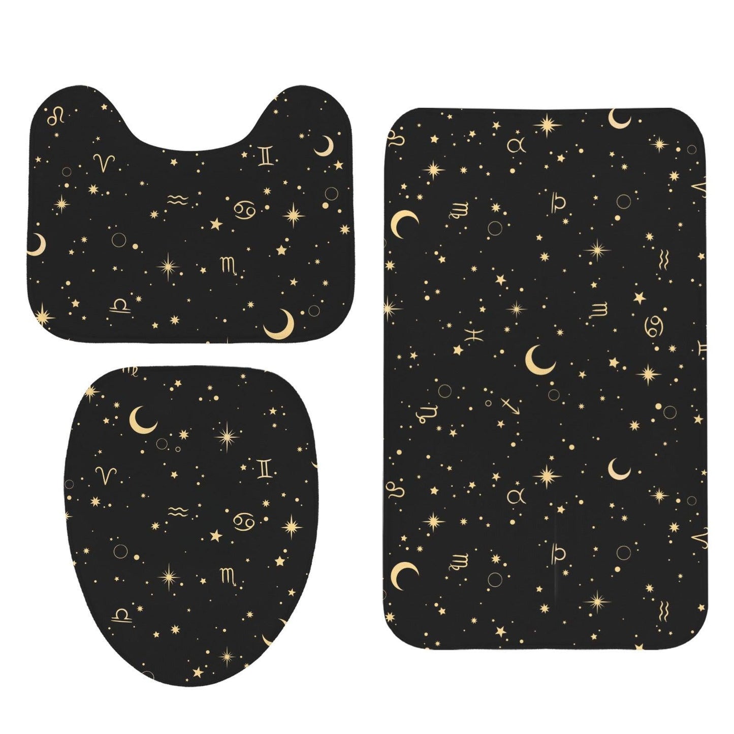 Celestial Zodiac Bathroom Rug Set, Black Gold Moon Star Bath Mat, Horoscope Home Decor