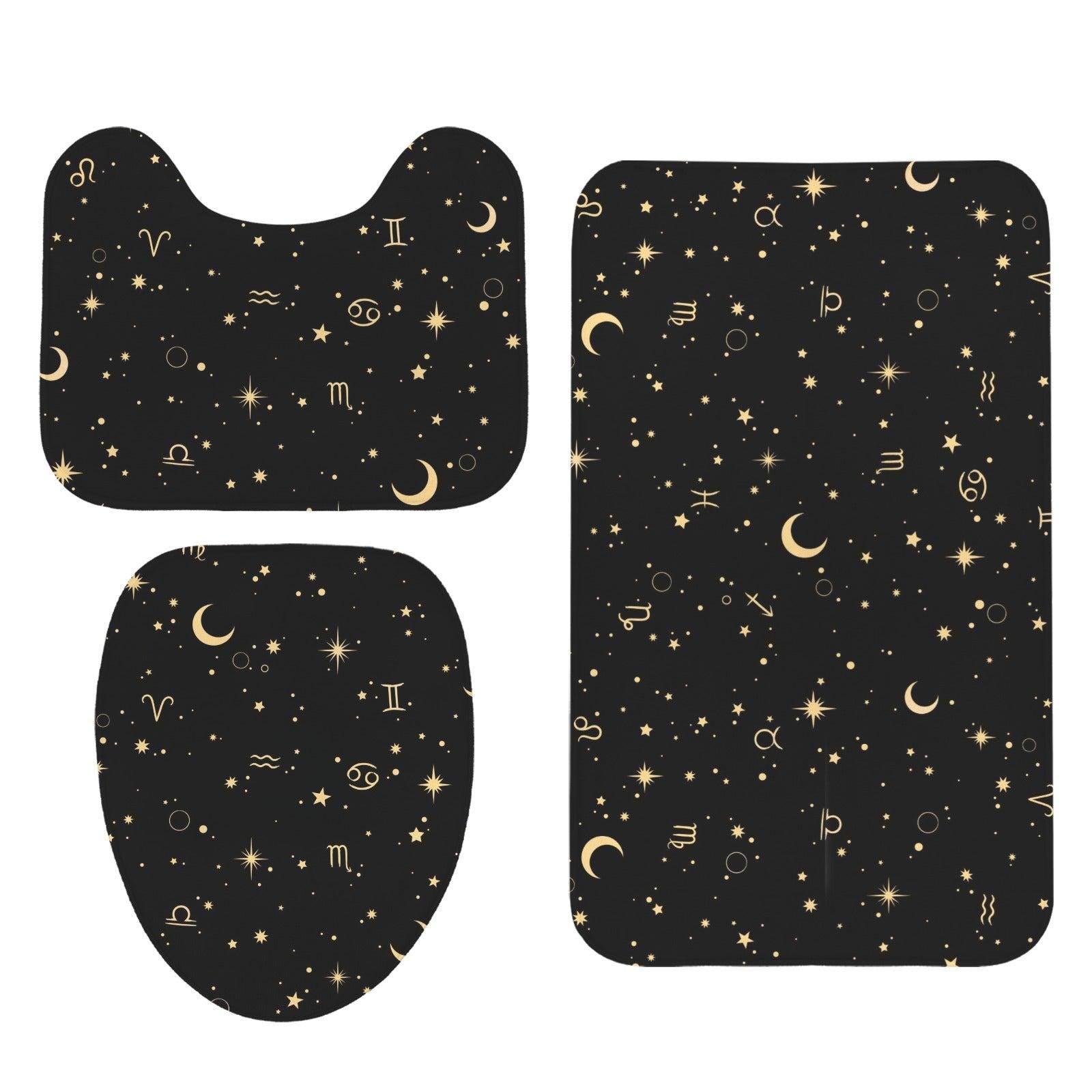 Celestial Zodiac Bathroom Rug Set, Black Gold Moon Star Bath Mat, Horoscope Home Decor
