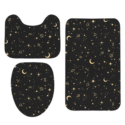 Celestial Zodiac Bathroom Rug Set, Black Gold Moon Star Bath Mat, Horoscope Home Decor
