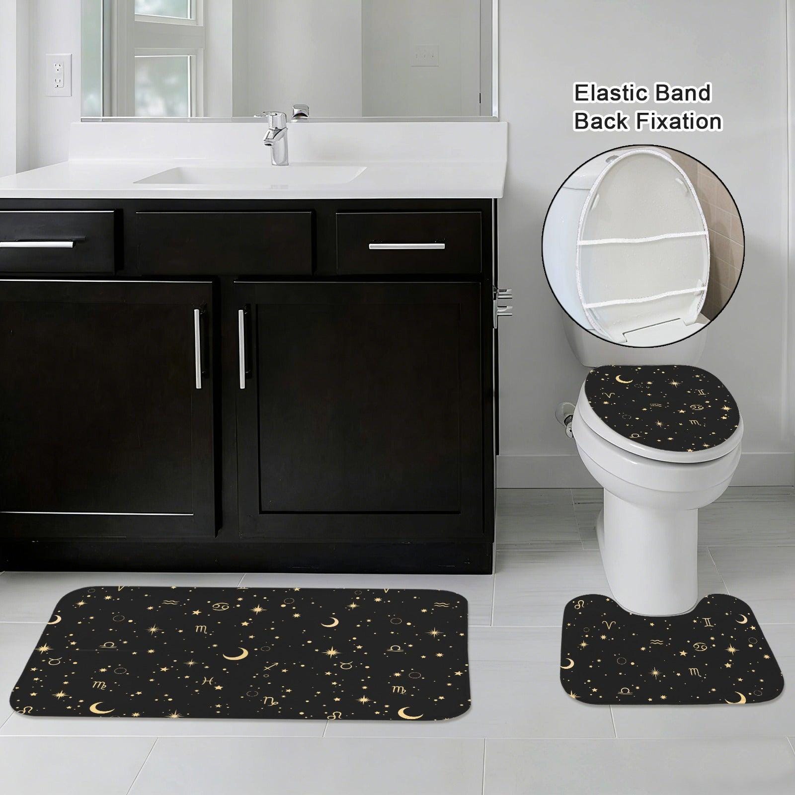 Celestial Zodiac Bathroom Rug Set, Black Gold Moon Star Bath Mat, Horoscope Home Decor