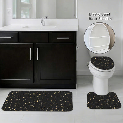Celestial Zodiac Bathroom Rug Set, Black Gold Moon Star Bath Mat, Horoscope Home Decor