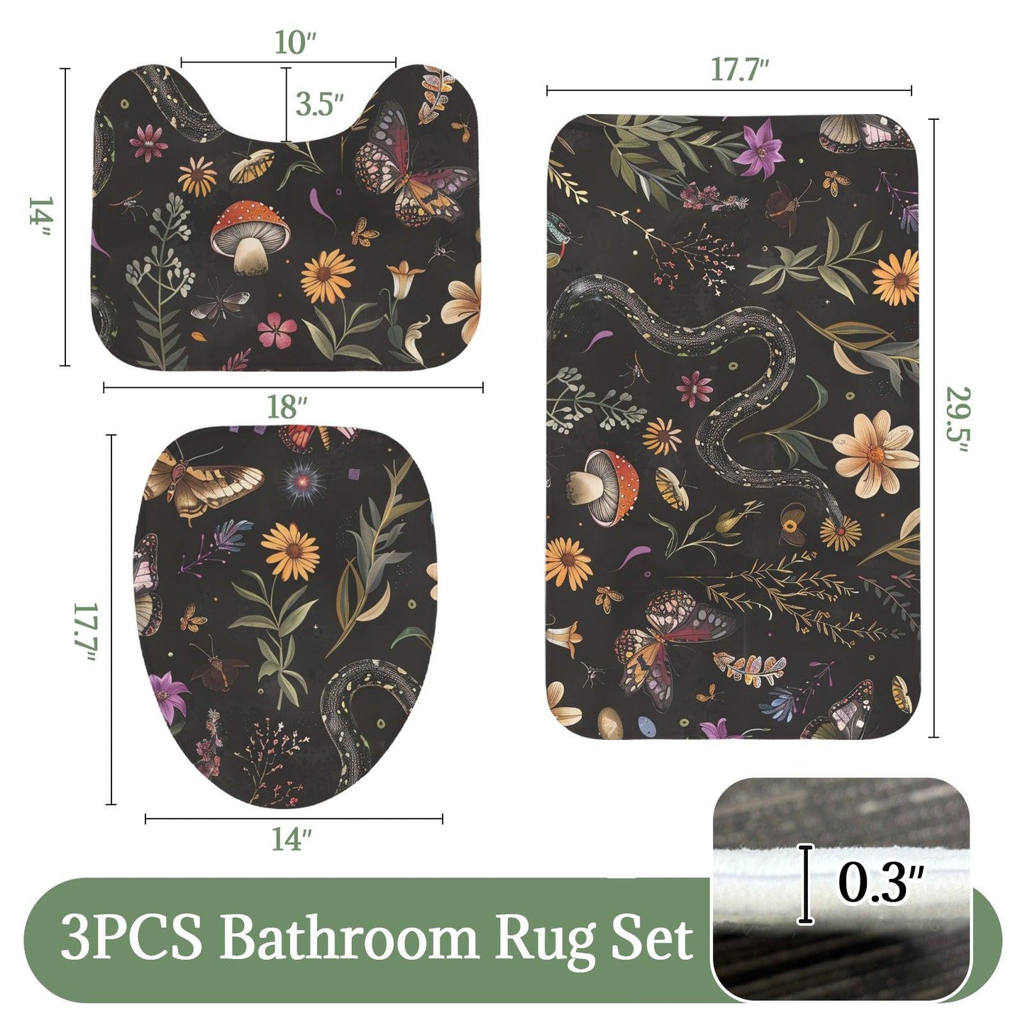 Snake Butterfly Mushroom Bathroom Rug Set, Gothic Forest Nature Decor Mat Trio