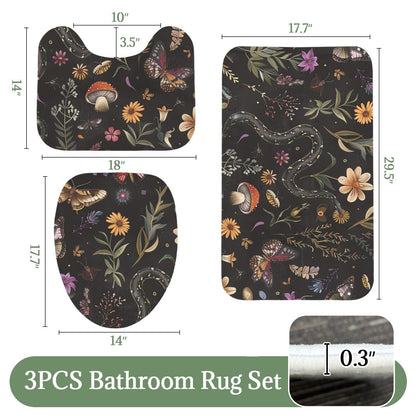 Snake Butterfly Mushroom Bathroom Rug Set, Gothic Forest Nature Decor Mat Trio