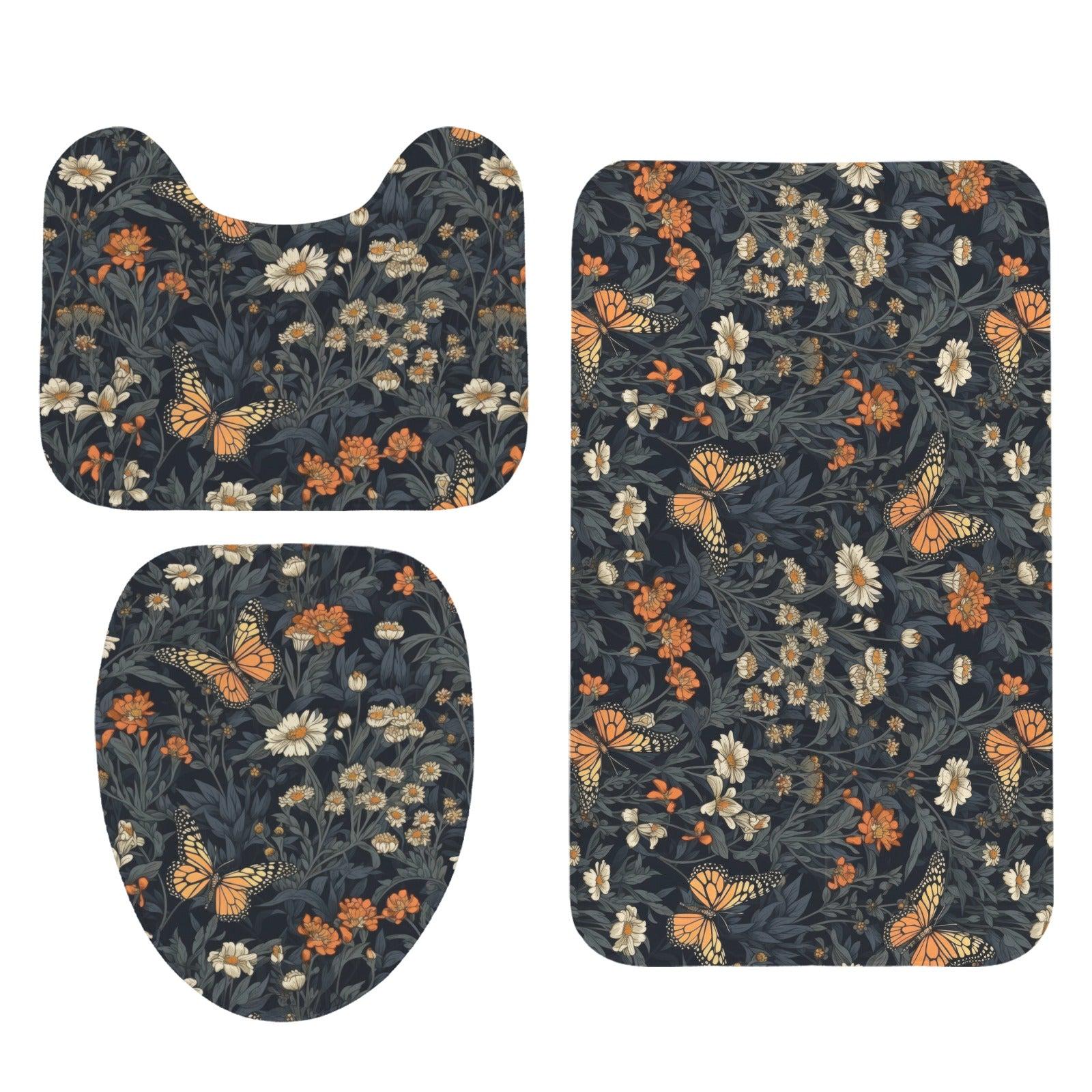 Butterfly Wildflower Bathroom Rug Set, Cottage Garden Bath Mat Bundle