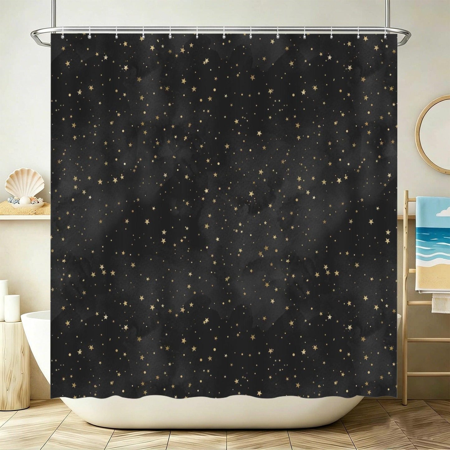 Black Gold Star Shower Curtain, Celestial Bathroom Decor, Moody Glam Bath Curtain