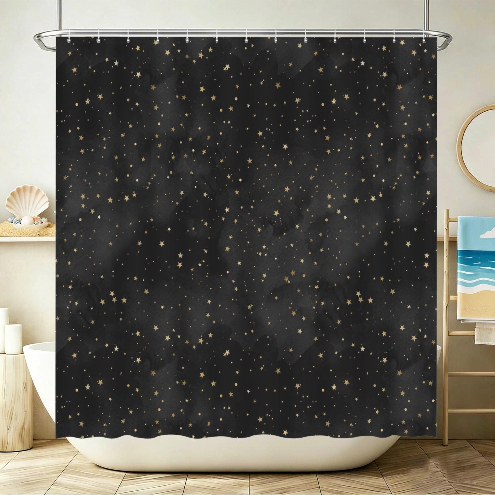 Black Gold Star Shower Curtain, Celestial Bathroom Decor, Moody Glam Bath Curtain