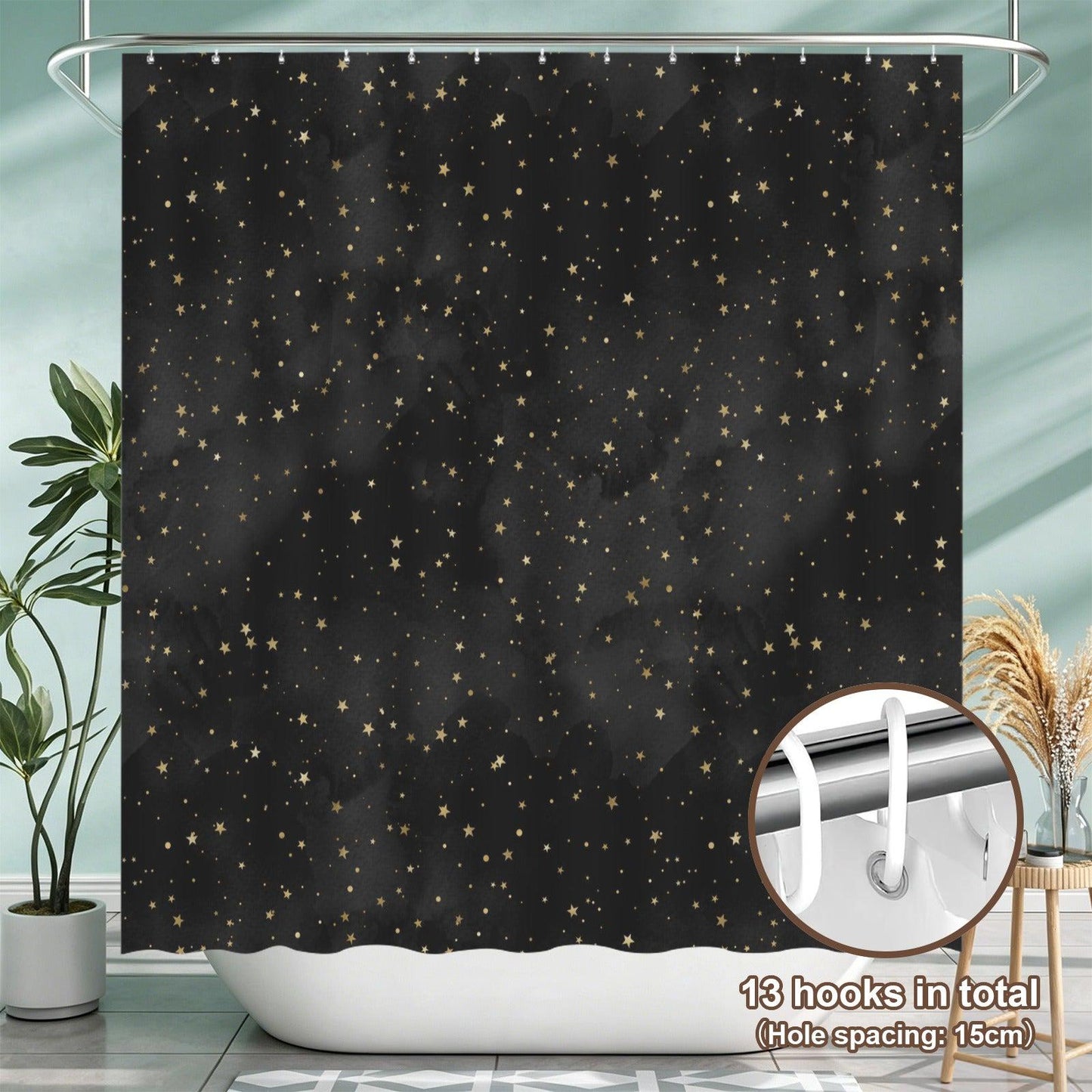 Black Gold Star Shower Curtain, Celestial Bathroom Decor, Moody Glam Bath Curtain