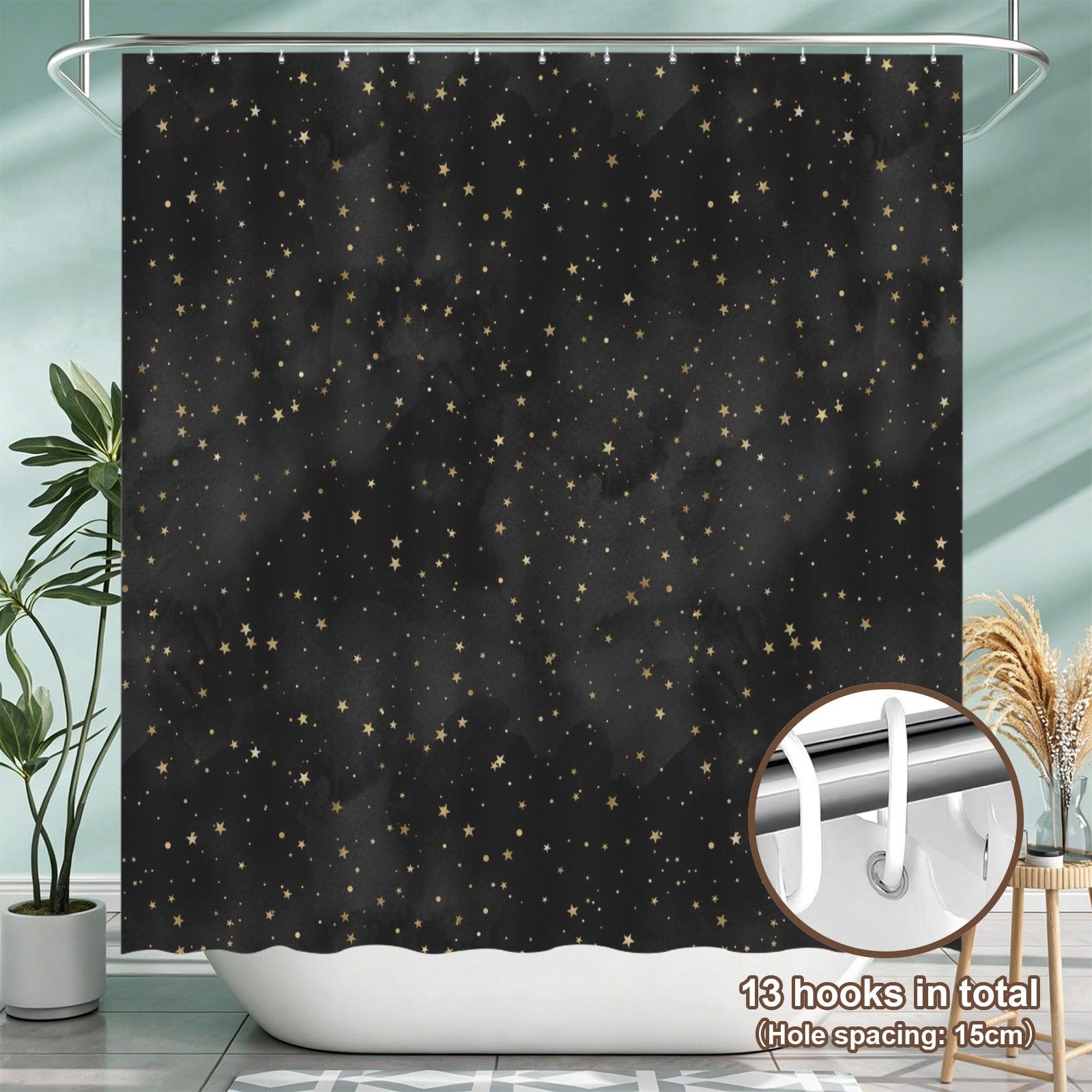 Black Gold Star Shower Curtain, Celestial Bathroom Decor, Moody Glam Bath Curtain