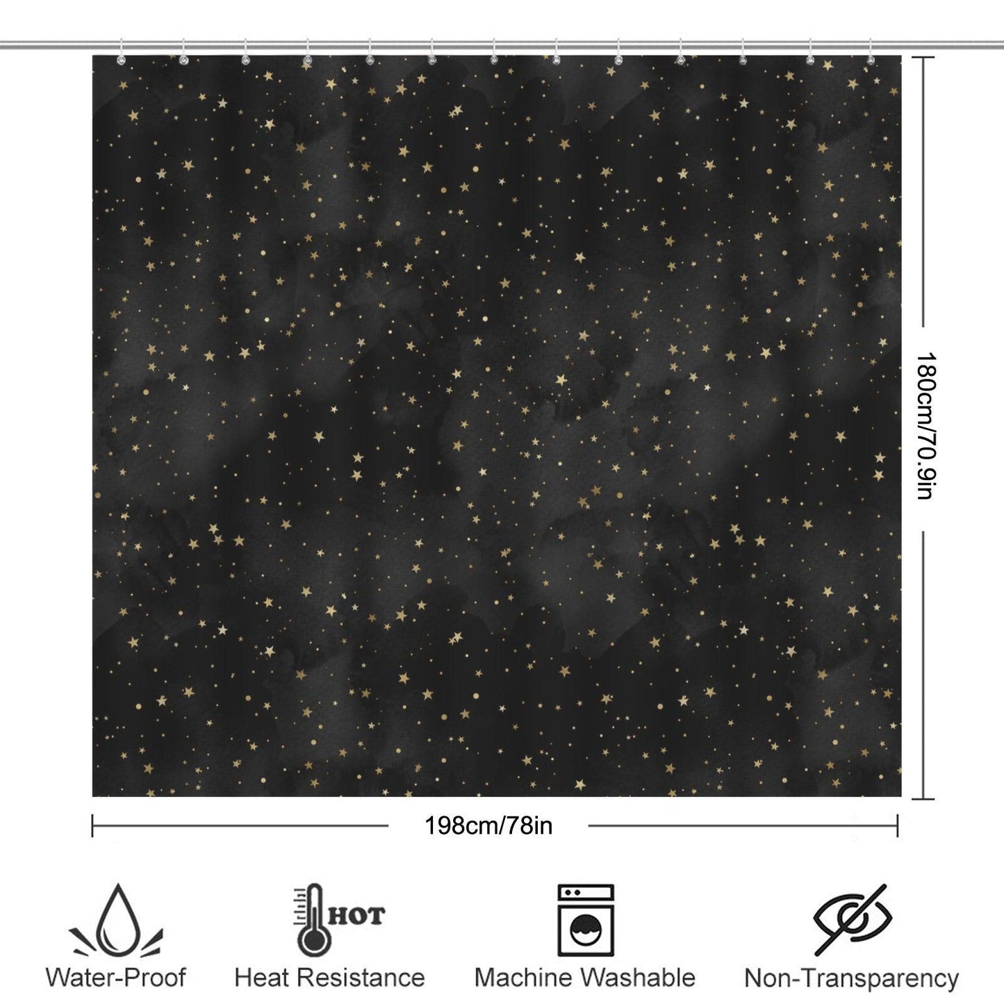 Black Gold Star Shower Curtain, Celestial Bathroom Decor, Moody Glam Bath Curtain