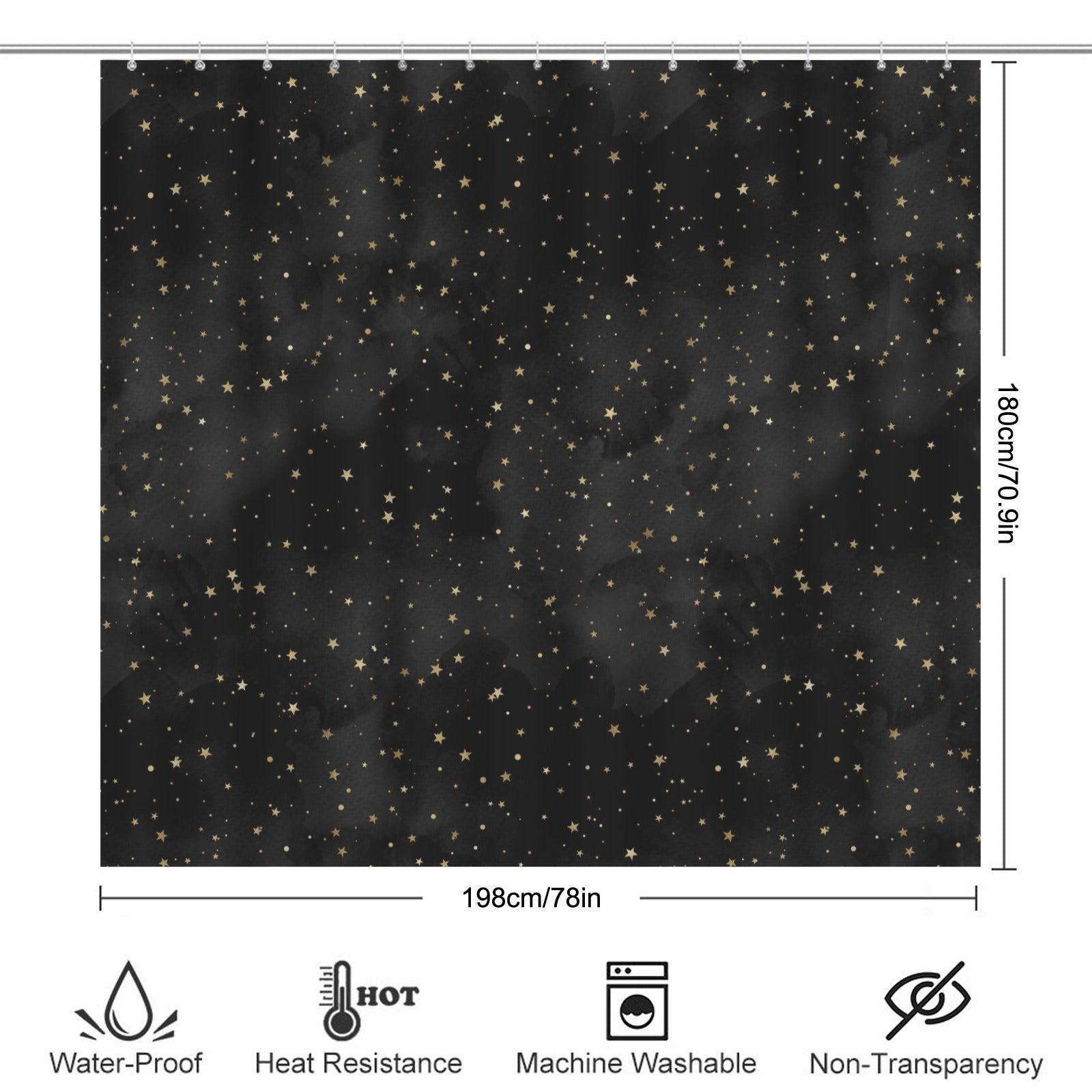 Black Gold Star Shower Curtain, Celestial Bathroom Decor, Moody Glam Bath Curtain