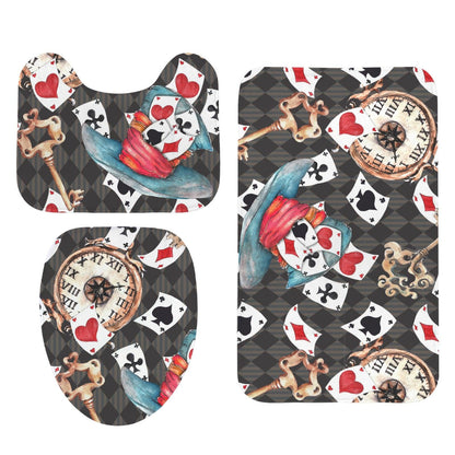 3 Piece Bathroom Rug Set, Playing Cards, Vintage Clock, Whimsical Maximalist Decor