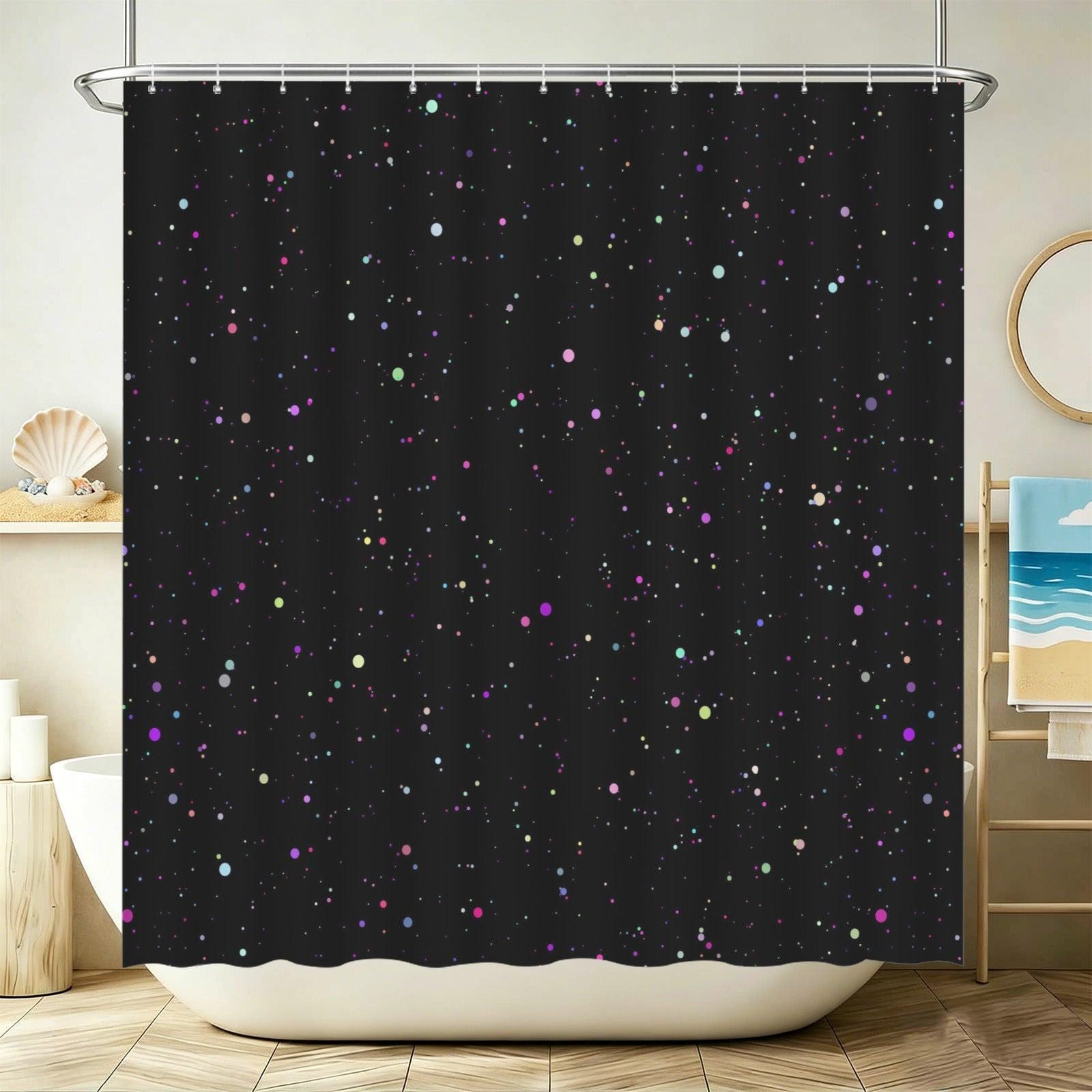 Galaxy Shower Curtain, Colorful Speckled Stars, Celestial Black Bathroom Decor