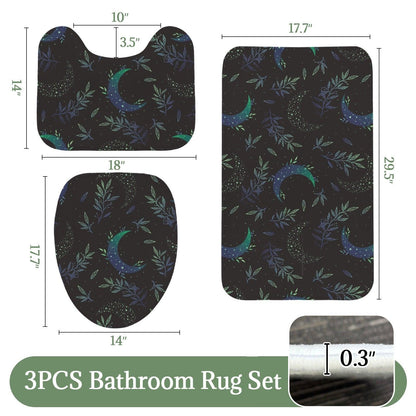 Celestial Moon Bathroom Rug Set, Botanical Night Sky Bath Mat, 3-Piece Lunar Toilet Decor