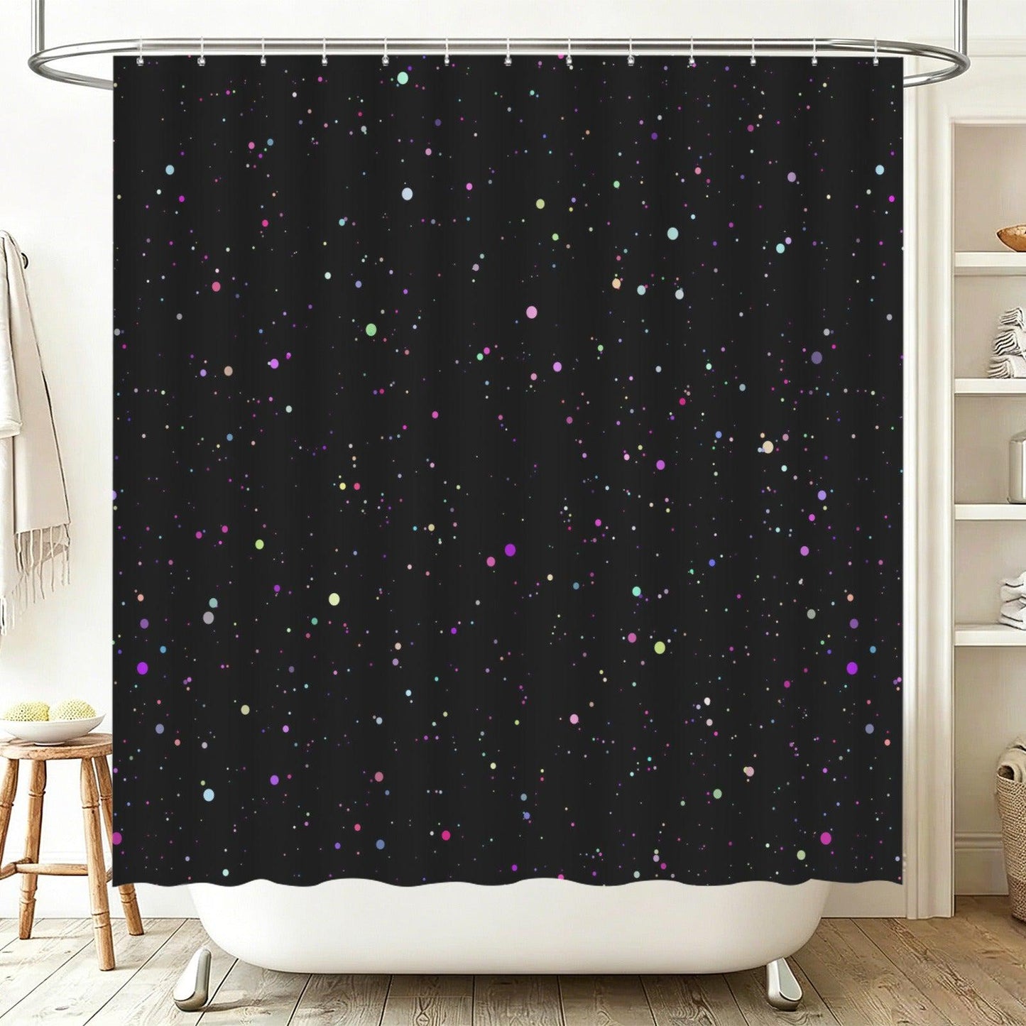 Galaxy Shower Curtain, Colorful Speckled Stars, Celestial Black Bathroom Decor