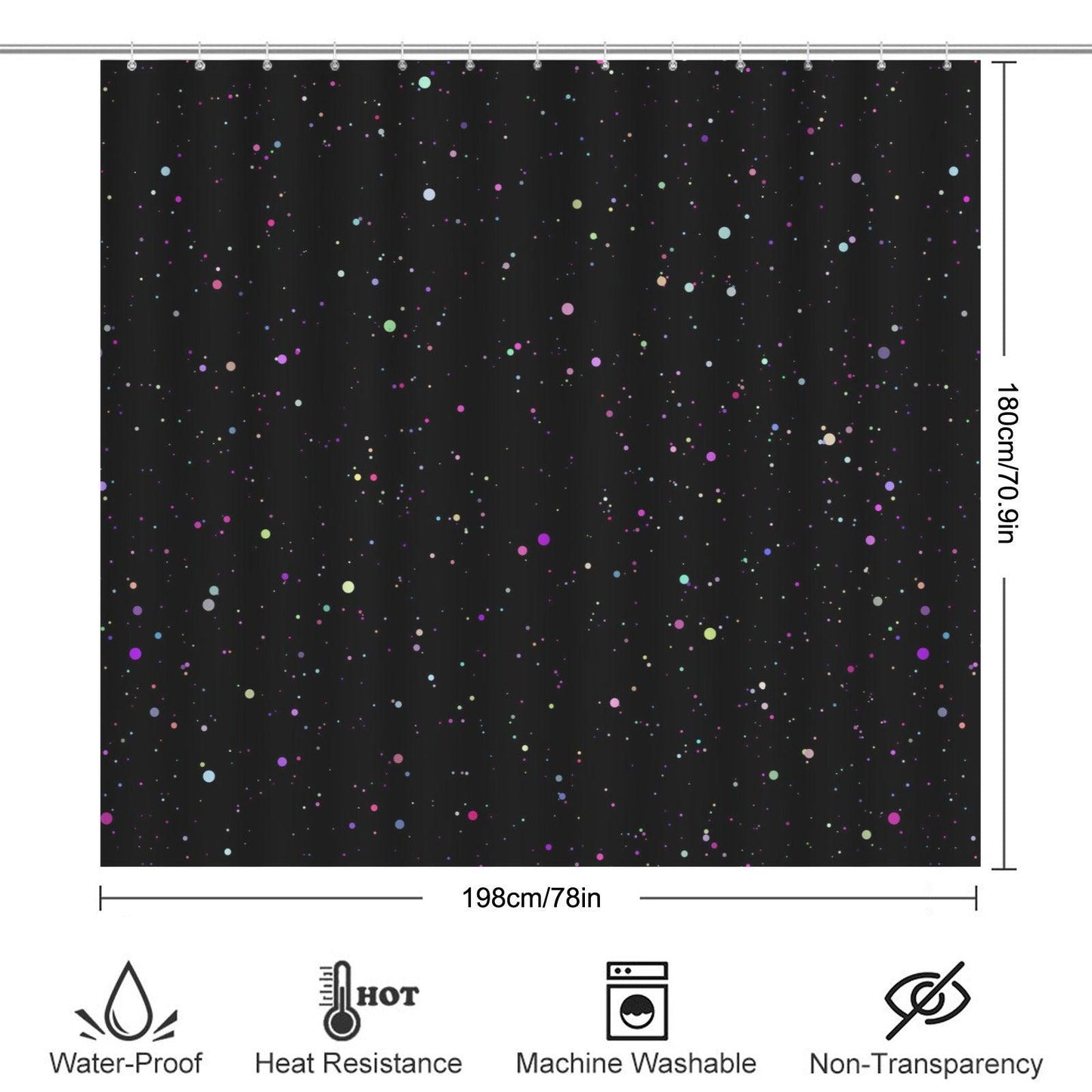 Galaxy Shower Curtain, Colorful Speckled Stars, Celestial Black Bathroom Decor