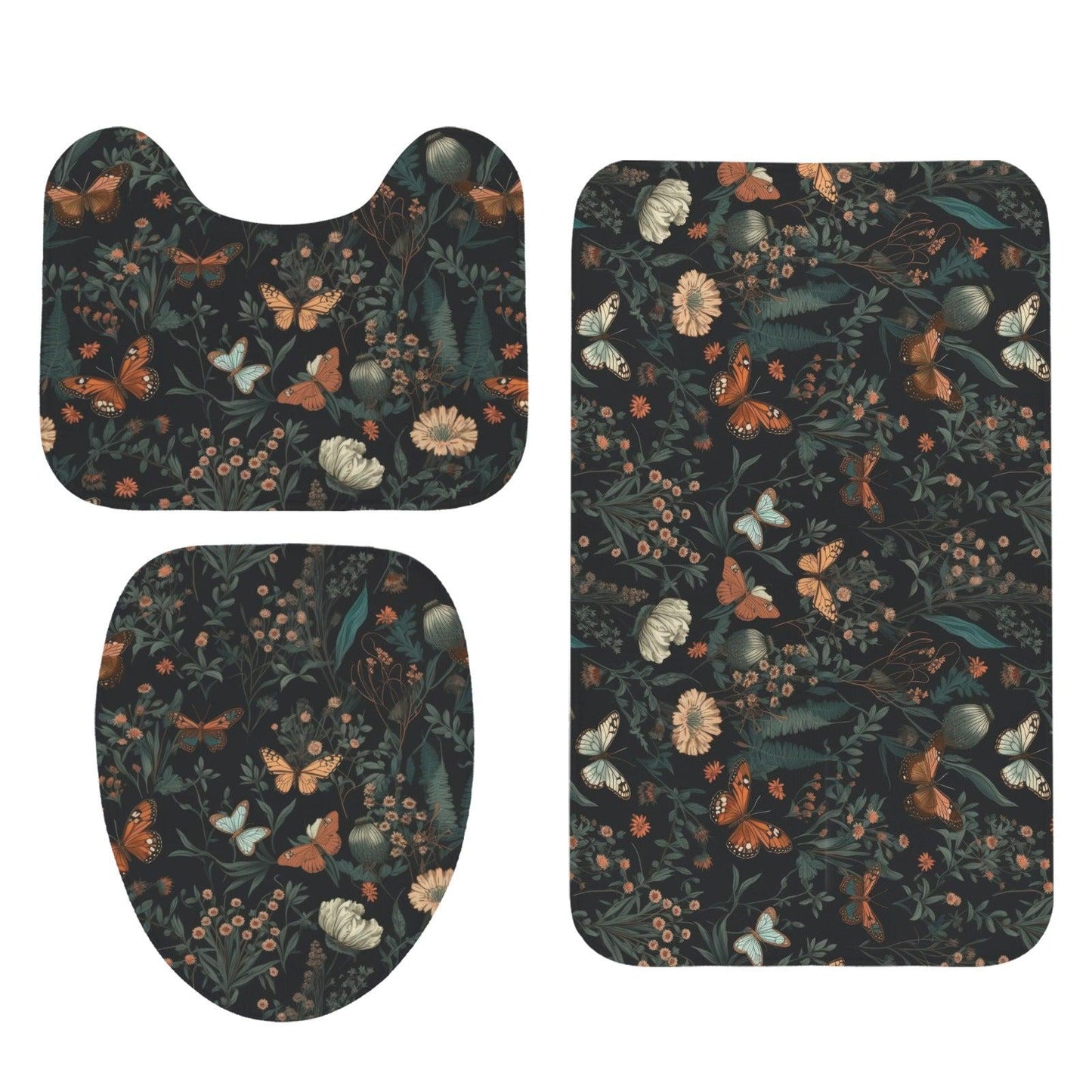 Dark Floral Butterfly Bathroom Rug Set, Moody Botanical Trio Mat Decor