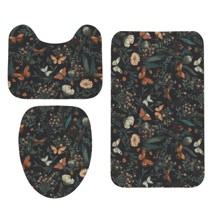 Dark Floral Butterfly Bathroom Rug Set, Moody Botanical Trio Mat Decor