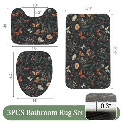 Dark Floral Butterfly Bathroom Rug Set, Moody Botanical Trio Mat Decor