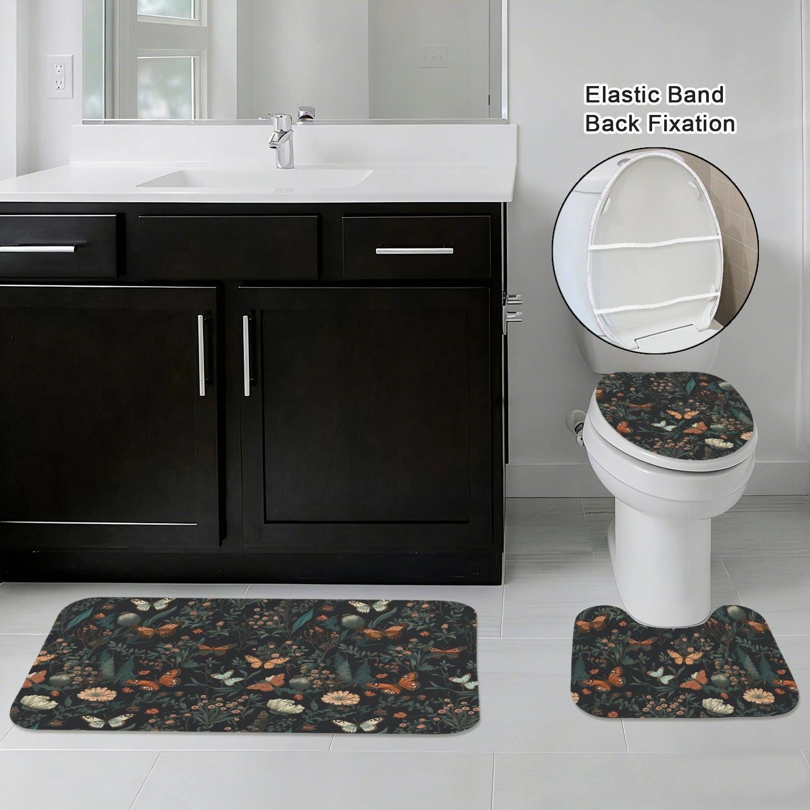 Dark Floral Butterfly Bathroom Rug Set, Moody Botanical Trio Mat Decor
