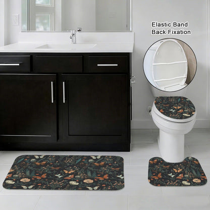 Dark Floral Butterfly Bathroom Rug Set, Moody Botanical Trio Mat Decor