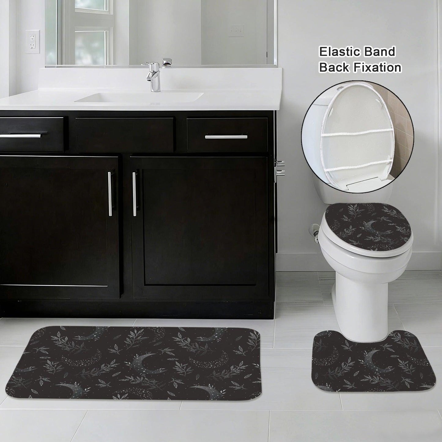 Celestial Floral Bathroom Rug Set, Cosmic Wildflower Bath Mat Trio, Boho Night Sky Decor