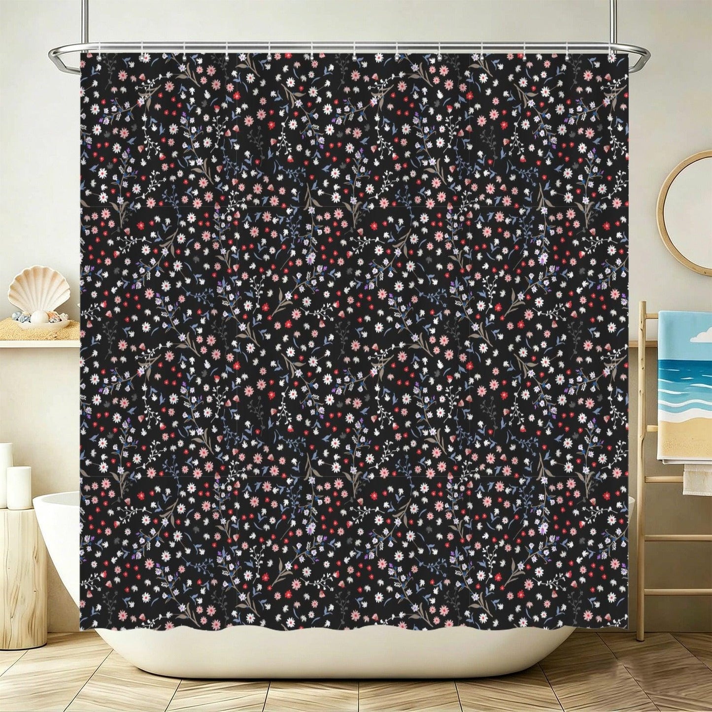 Black Ditsy Floral Shower Curtain, Moody Wildflower Bathroom Decor, Romantic Cottage Guest Bath Accent