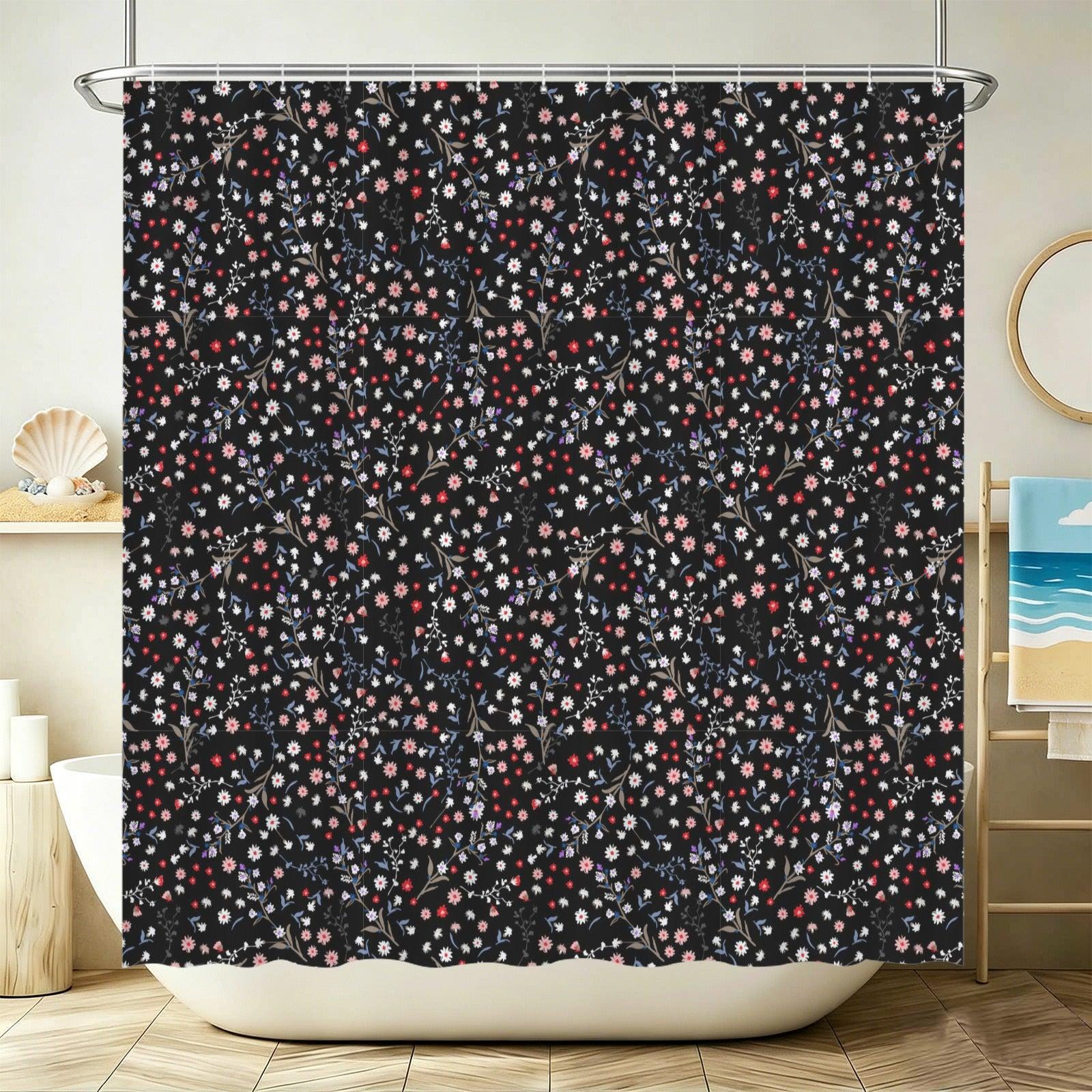 Black Ditsy Floral Shower Curtain, Moody Wildflower Bathroom Decor, Romantic Cottage Guest Bath Accent