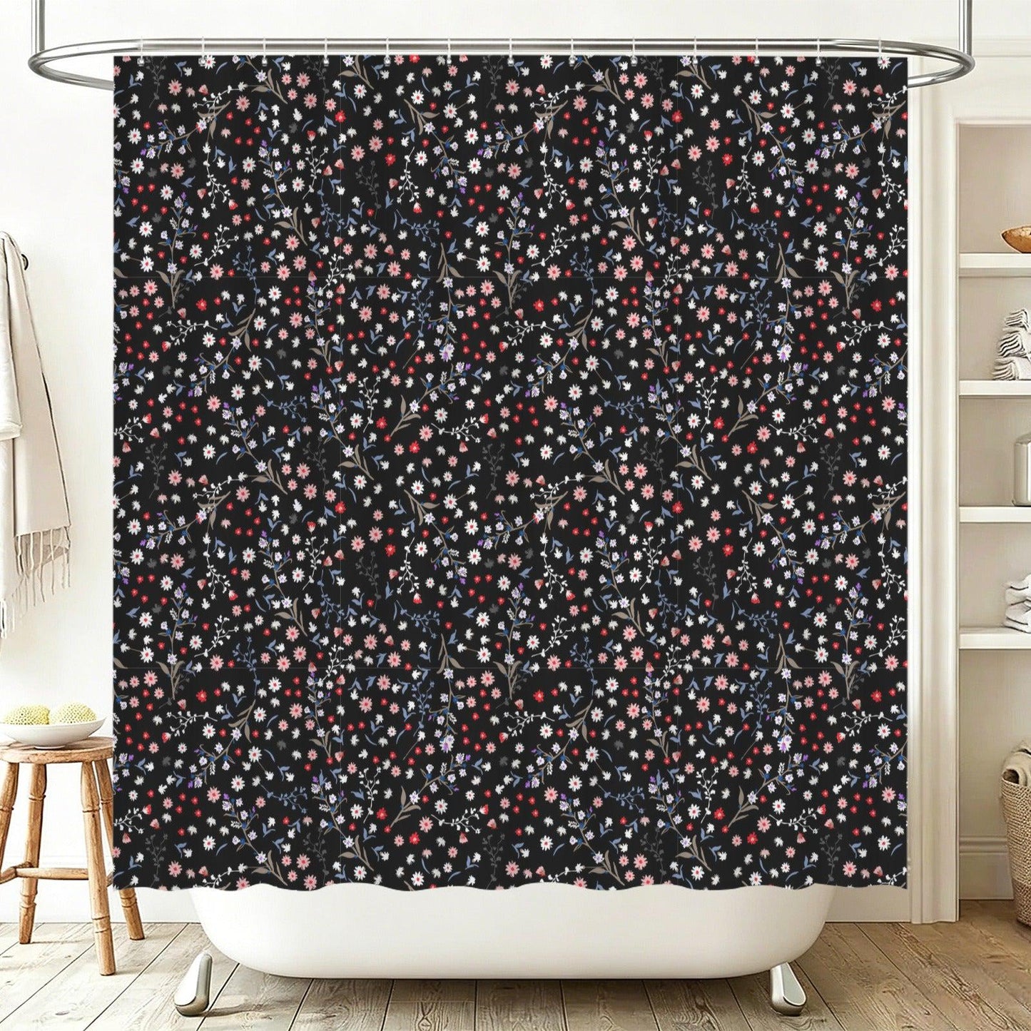 Black Ditsy Floral Shower Curtain, Moody Wildflower Bathroom Decor, Romantic Cottage Guest Bath Accent