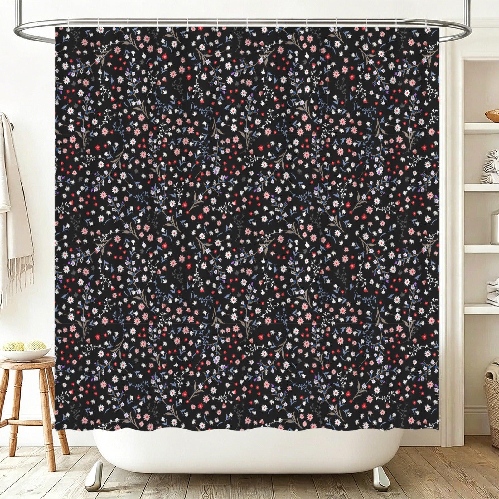 Black Ditsy Floral Shower Curtain, Moody Wildflower Bathroom Decor, Romantic Cottage Guest Bath Accent