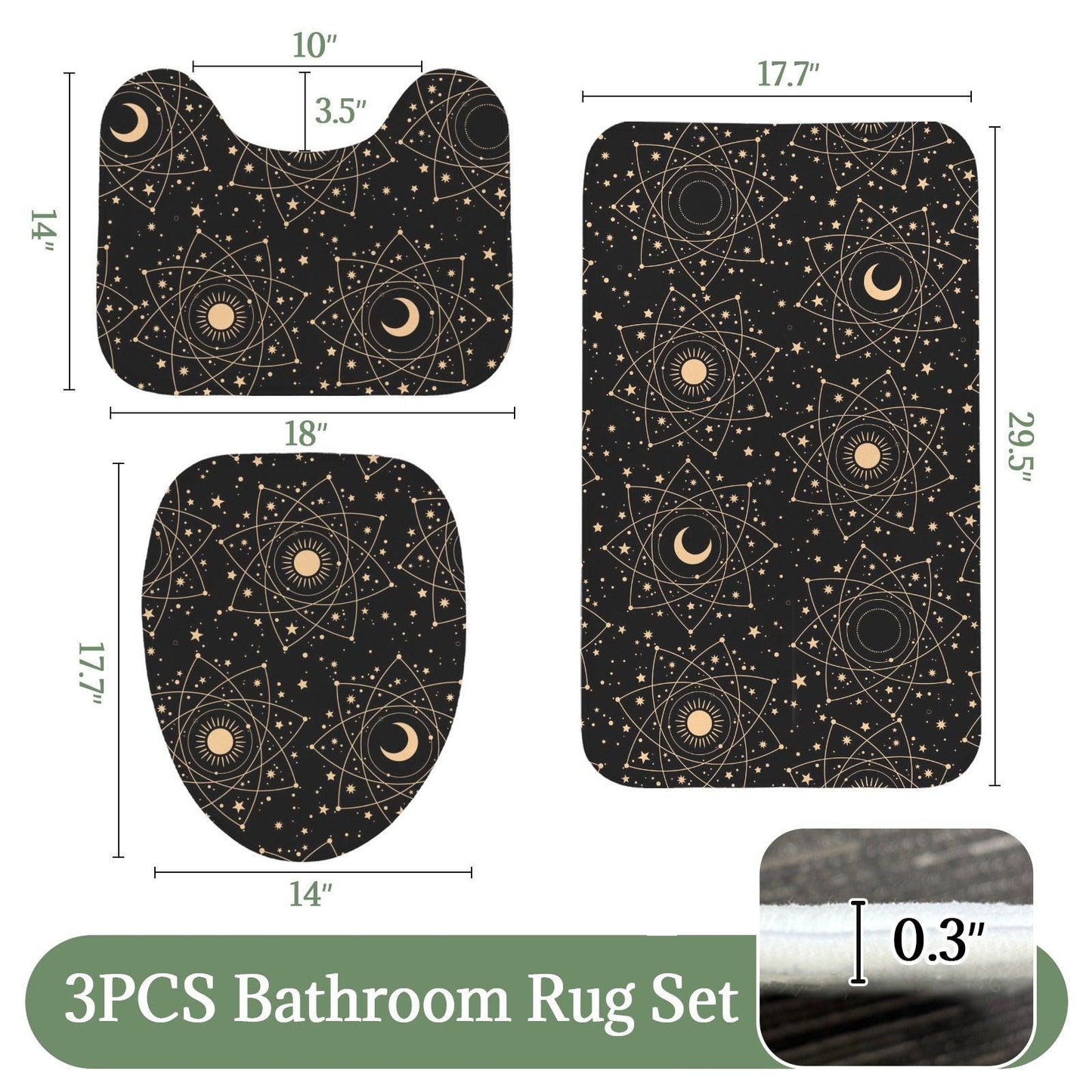 Celestial Sun Moon 3 Piece Bathroom Rug Set, Black Gold Boho Decor