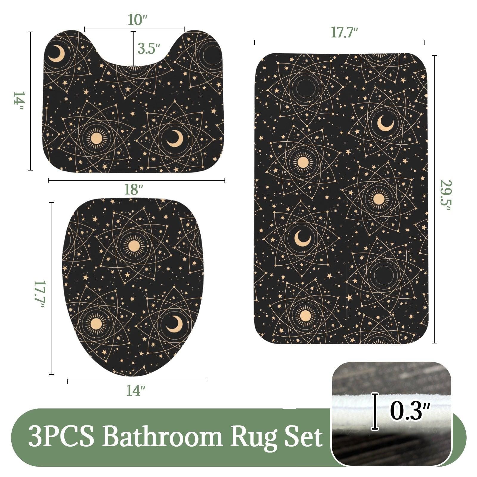 Celestial Sun Moon 3 Piece Bathroom Rug Set, Black Gold Boho Decor