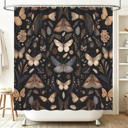 Moth Botanical Shower Curtain, Dark Cottagecore Butterfly Bath Decor