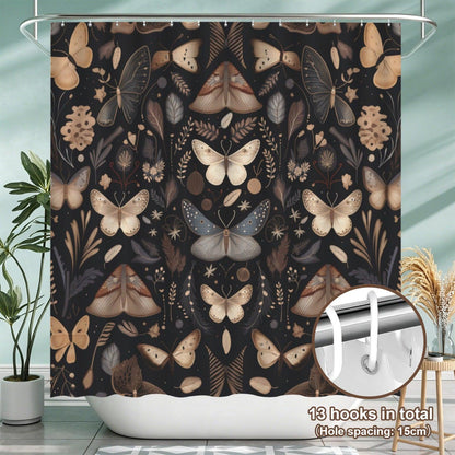 Moth Botanical Shower Curtain, Dark Cottagecore Butterfly Bath Decor