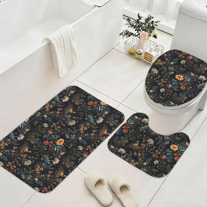 Vintage Floral Bathroom Rug Set, Moody Wildflower Bath Mats, Dark Botanical Toilet Cover
