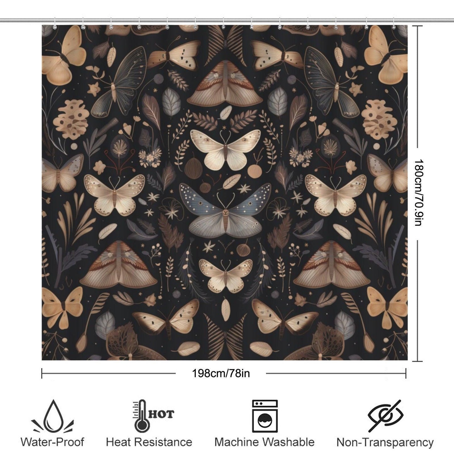 Moth Botanical Shower Curtain, Dark Cottagecore Butterfly Bath Decor
