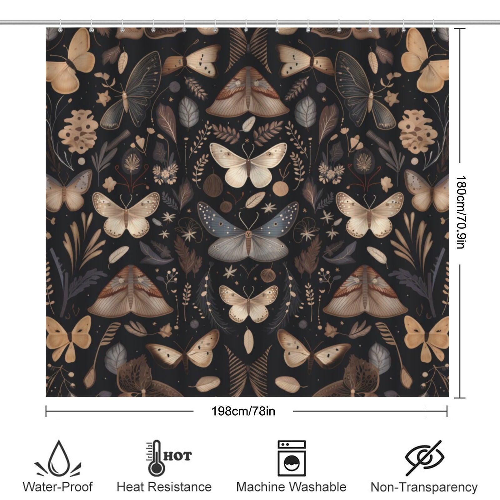 Moth Botanical Shower Curtain, Dark Cottagecore Butterfly Bath Decor