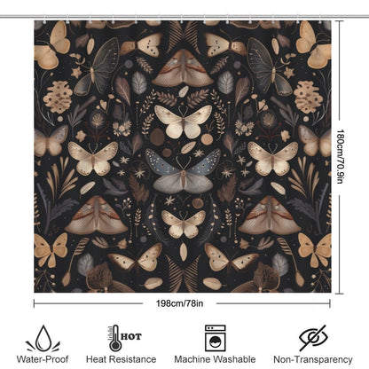 Moth Botanical Shower Curtain, Dark Cottagecore Butterfly Bath Decor