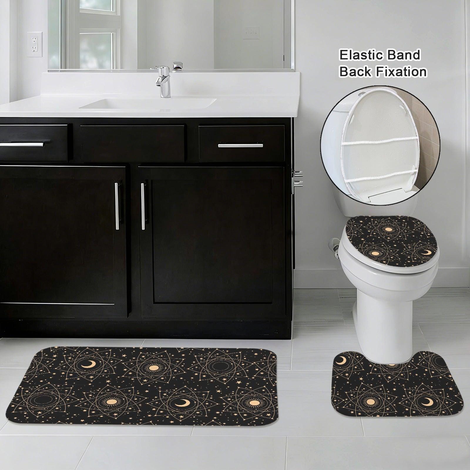 Celestial Sun Moon 3 Piece Bathroom Rug Set, Black Gold Boho Decor