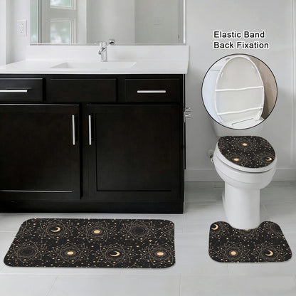Celestial Sun Moon 3 Piece Bathroom Rug Set, Black Gold Boho Decor