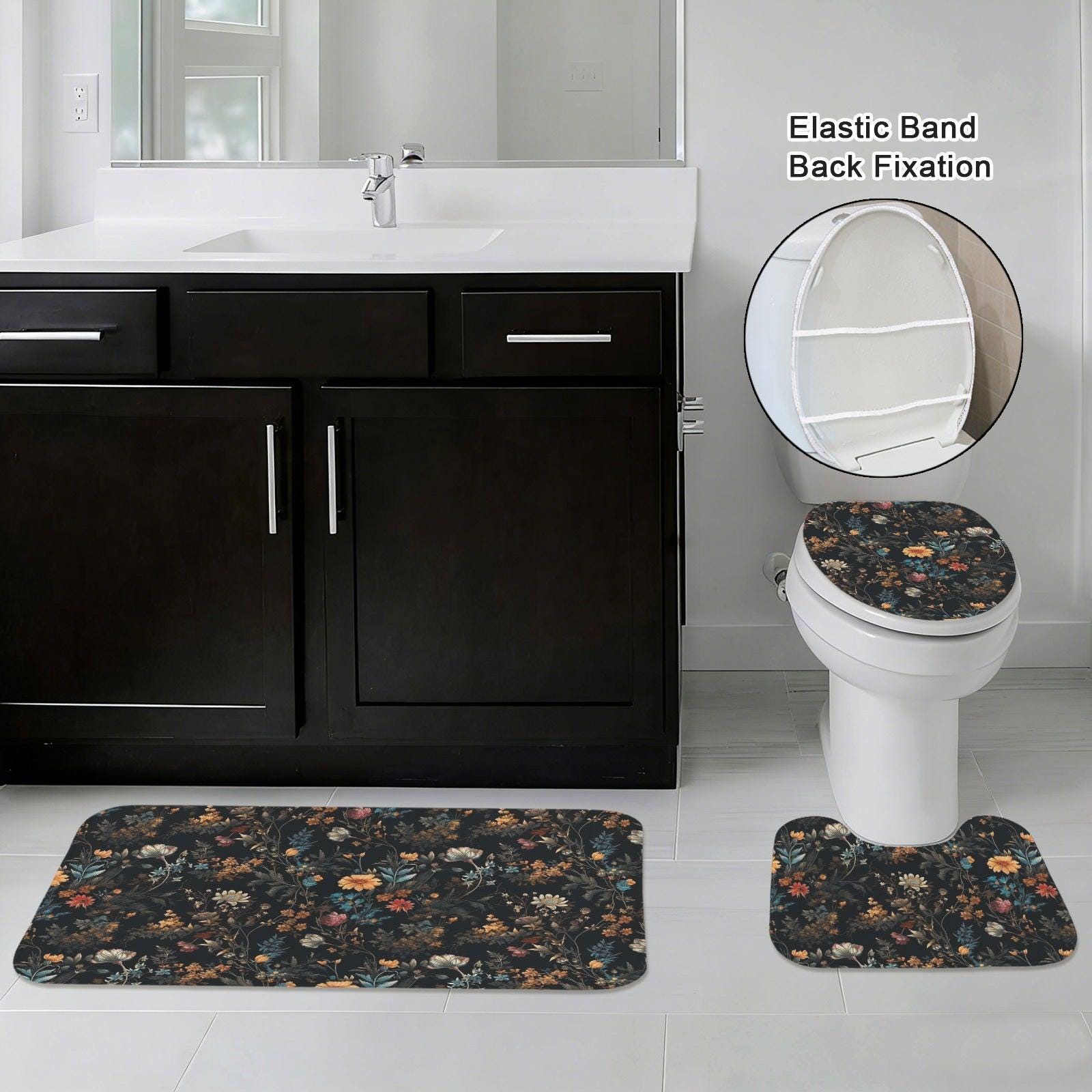 Vintage Floral Bathroom Rug Set, Moody Wildflower Bath Mats, Dark Botanical Toilet Cover
