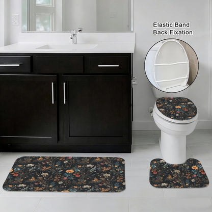 Vintage Floral Bathroom Rug Set, Moody Wildflower Bath Mats, Dark Botanical Toilet Cover