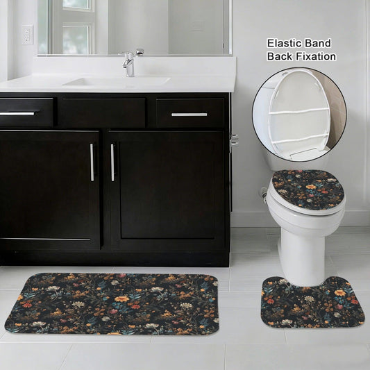 Vintage Floral Bathroom Rug Set, Moody Wildflower Bath Mats, Dark Botanical Toilet Cover