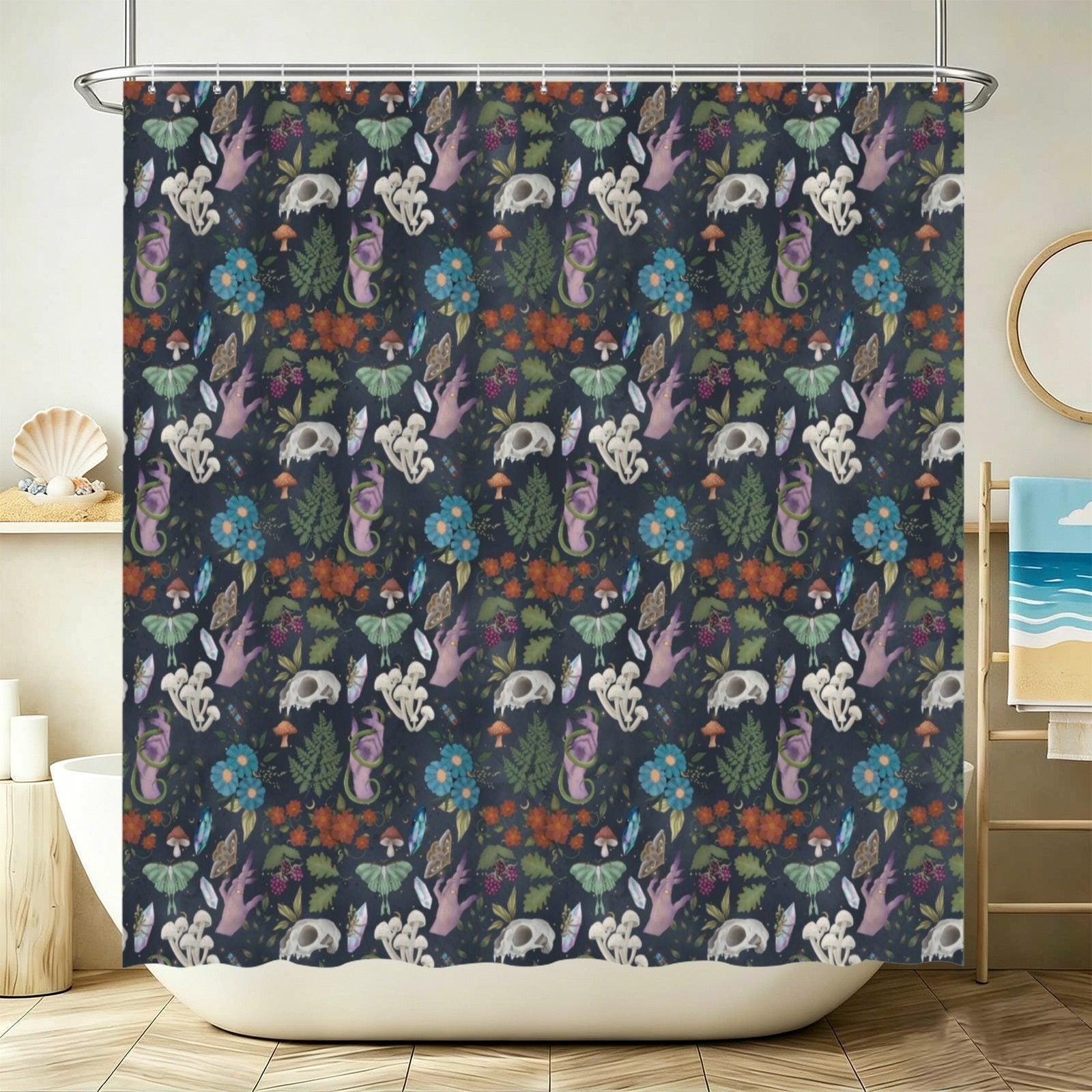Dark Botanical Mushroom Shower Curtain, Witchy Moth Skull Cottagecore Decor