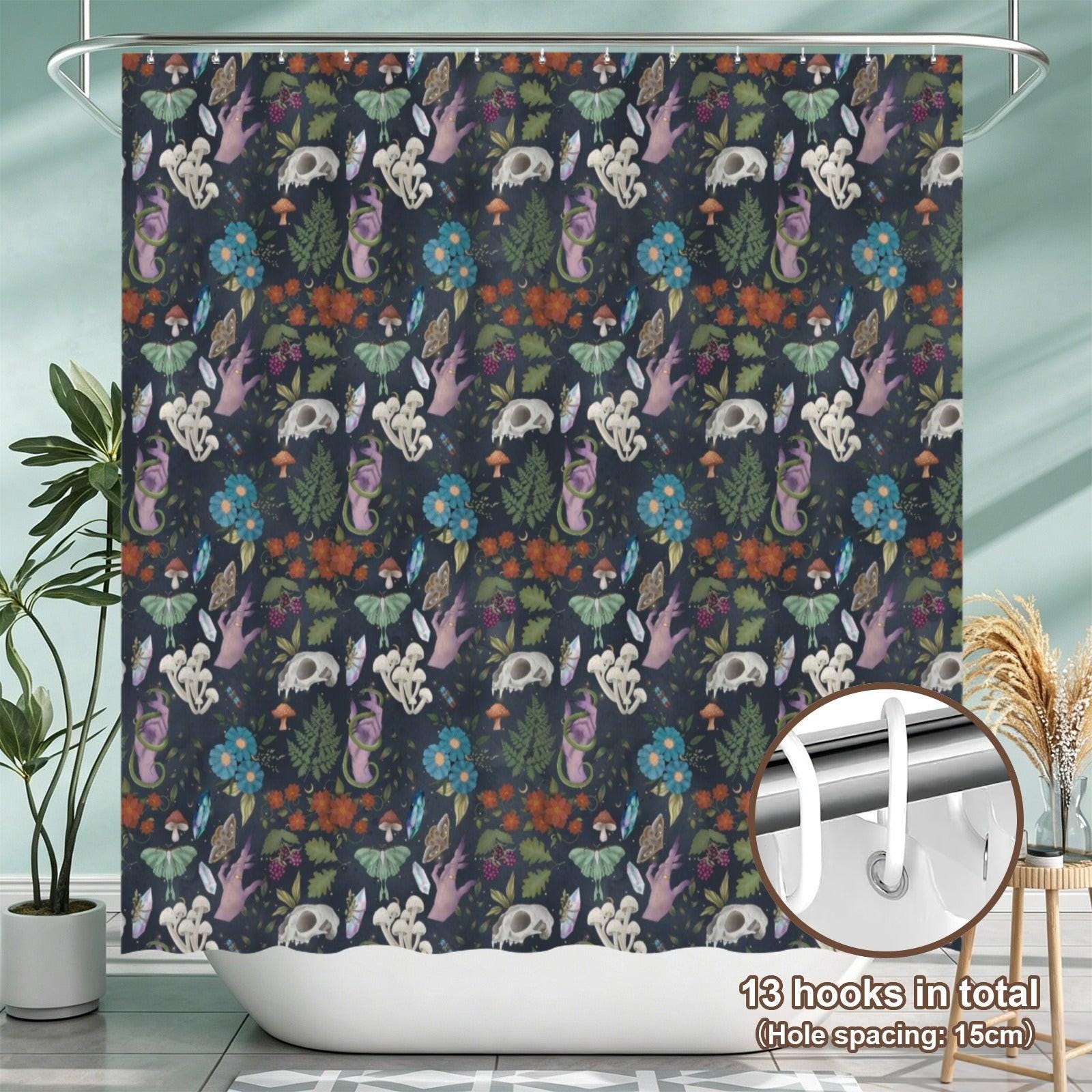 Dark Botanical Mushroom Shower Curtain, Witchy Moth Skull Cottagecore Decor